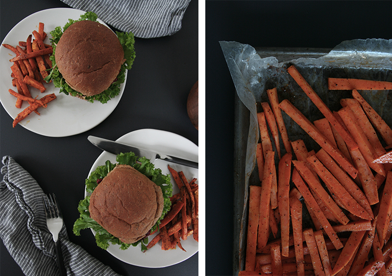 Vegan Fennel, Black Bean, Quinoa Burgers with sweet potato fries and spiced ketchup