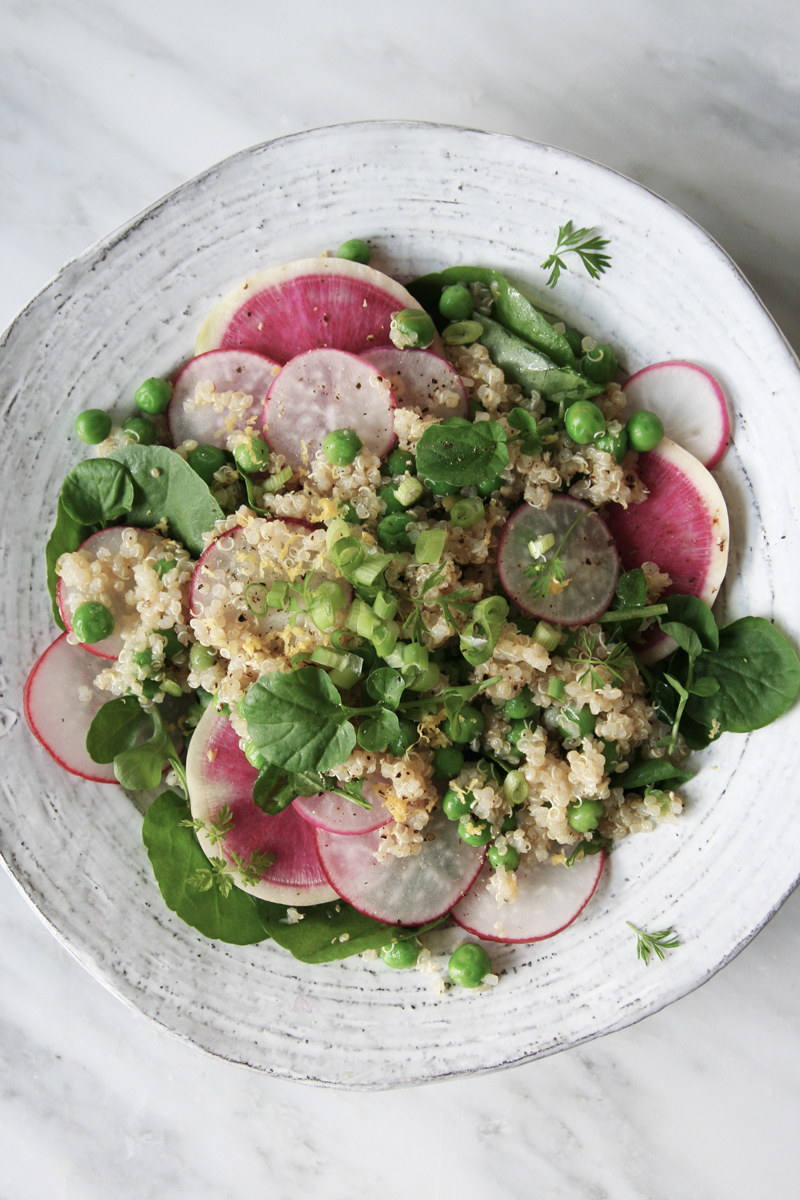 spring quinoa salad with peas, radishes, watercress and lemon