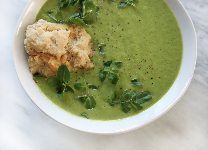 Bright warm pea soup with gluten-free vegan cheddar biscuits, Earth Day Intentions