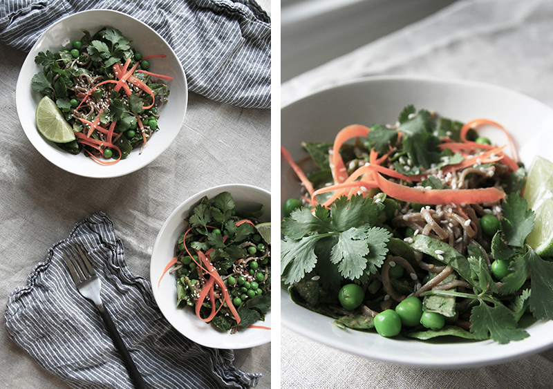 Soba noodle bowl with spinach, carrots, sweet peas and ginger peanut sauce, gluten-free, vegan, vegetarian 