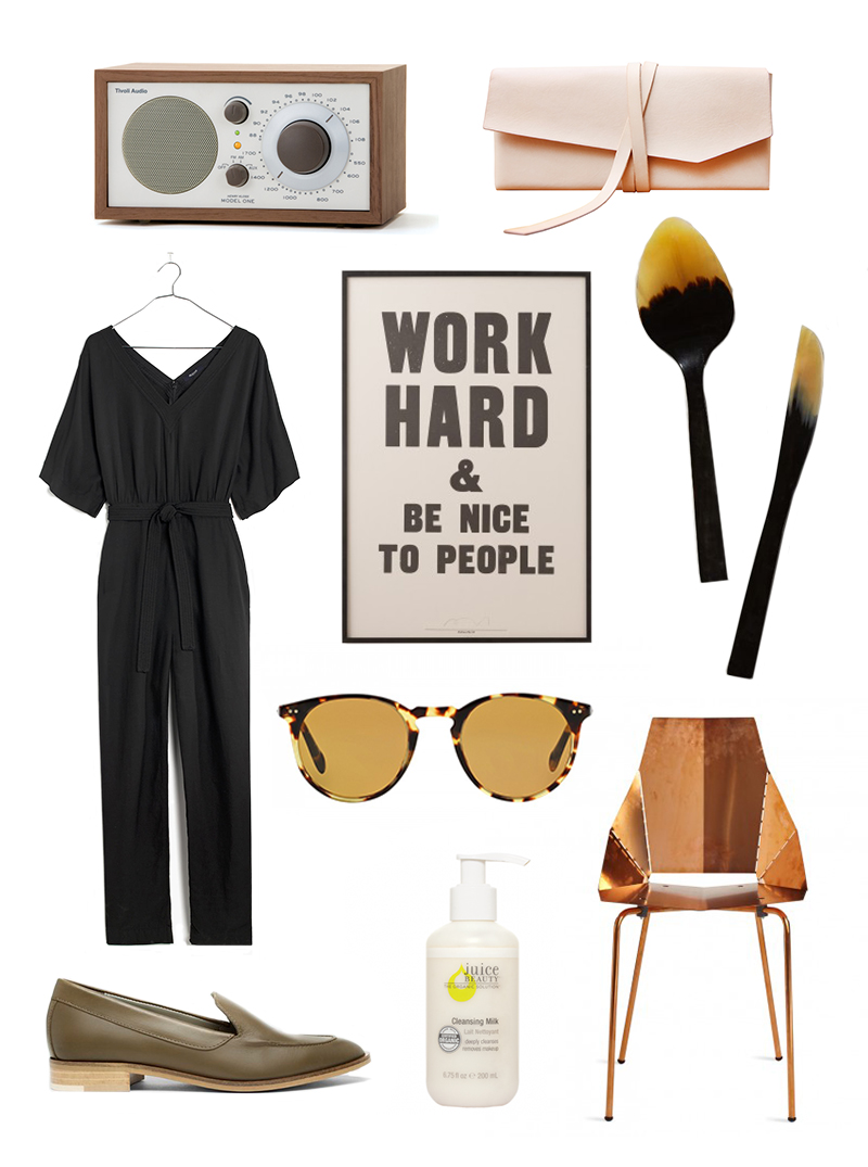 spring shopping cart, work hard and be nice to people, school house electric, anthropologie, oliver peoples, bludot, juice beauty, everlane, madewell, busk and bask, tiivol audio model one radio