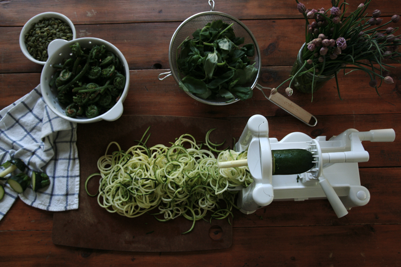 Zucchini Pasta with Pumpkin Seed Pesto and Fiddlehead Ferns