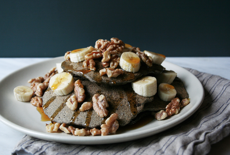 Buckwheat Cacao Chocolate Chip Pancakes with Bananas and Walnuts