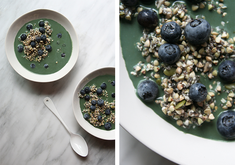 seed muesli with blue-green spirulina milk and blueberries