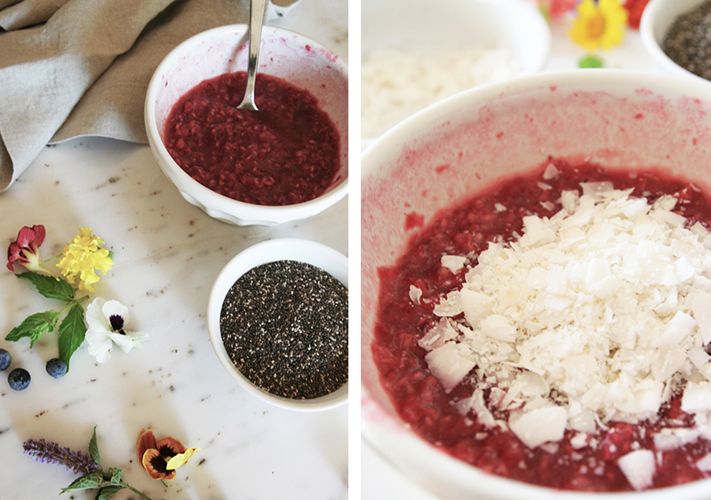 Raspberry + Beet Chia Seed Pudding with Hemp, Coconut, Edible Flowers and Frozen Blueberries