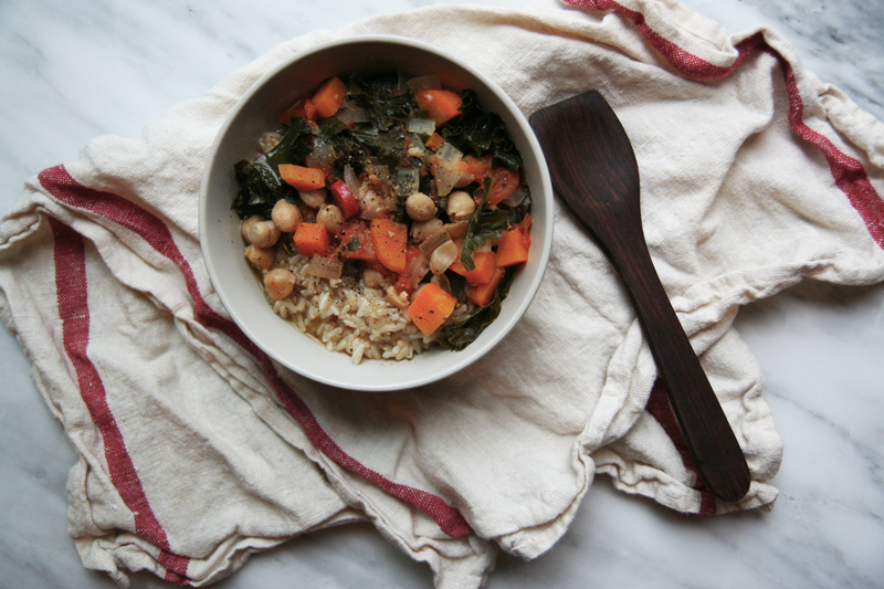 Chickpea, Carrot, Tomato, Sweet Potato and Kale Stew with Brown Rice